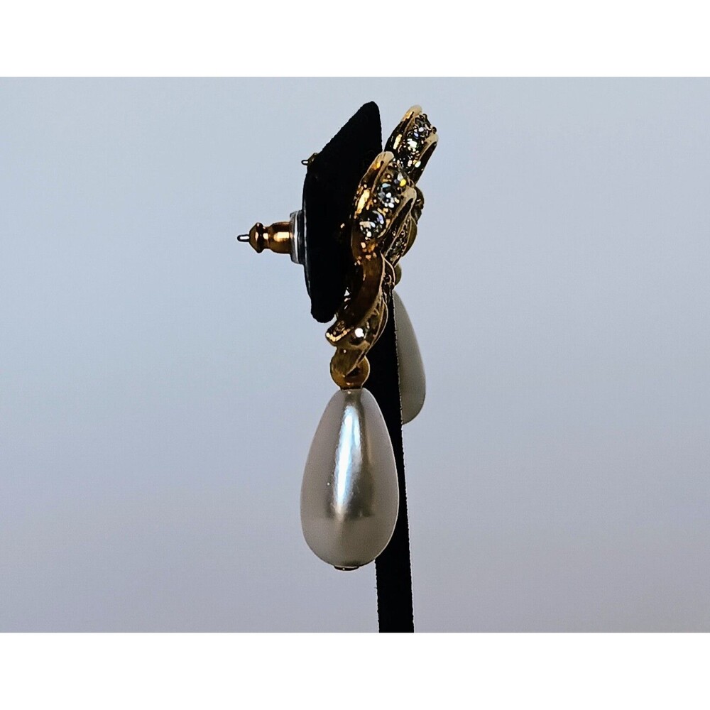 Clear Rhinestone Gold Tone Bow Faux Pearl Dangle Post Earrings Vintage 1.75 in - Picture 8 of 11